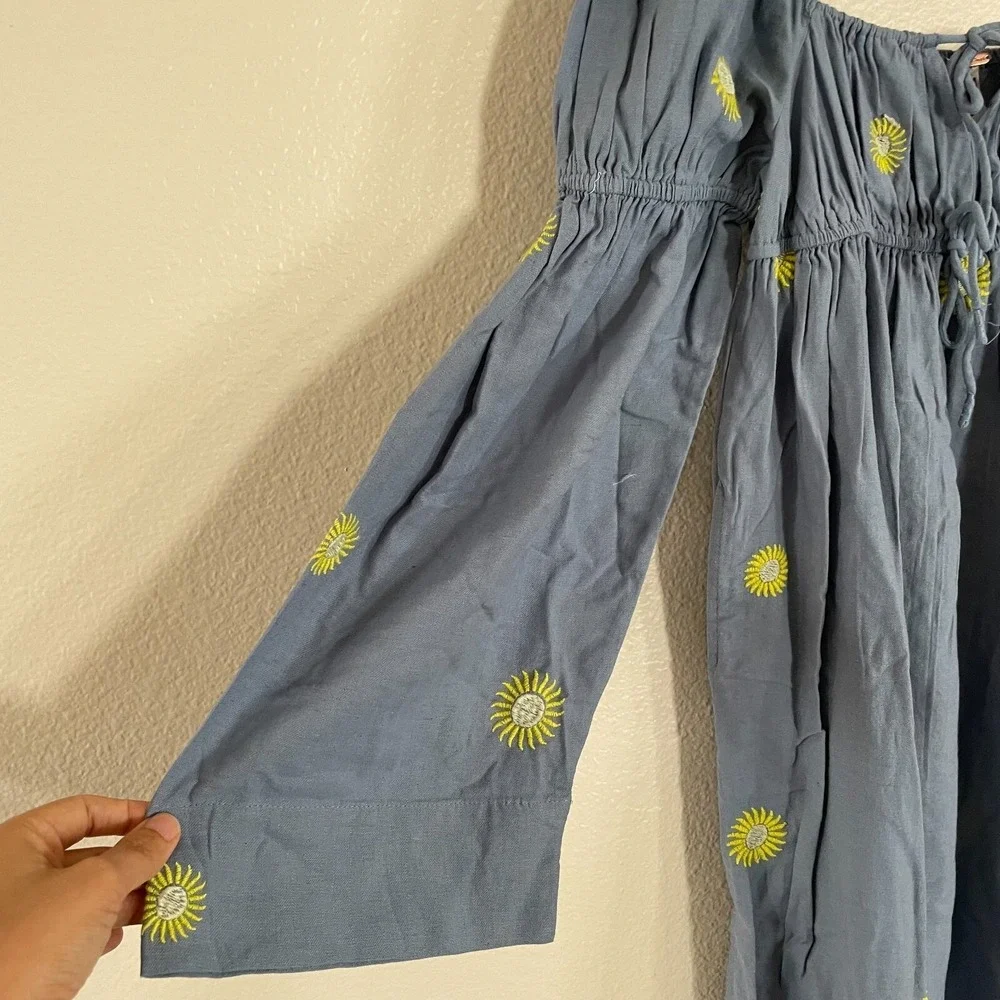 NWOT Free People Sun Embroidery Midi Dress Cottagecore L Blue Summer Linen Boho - Picture 5 of 16